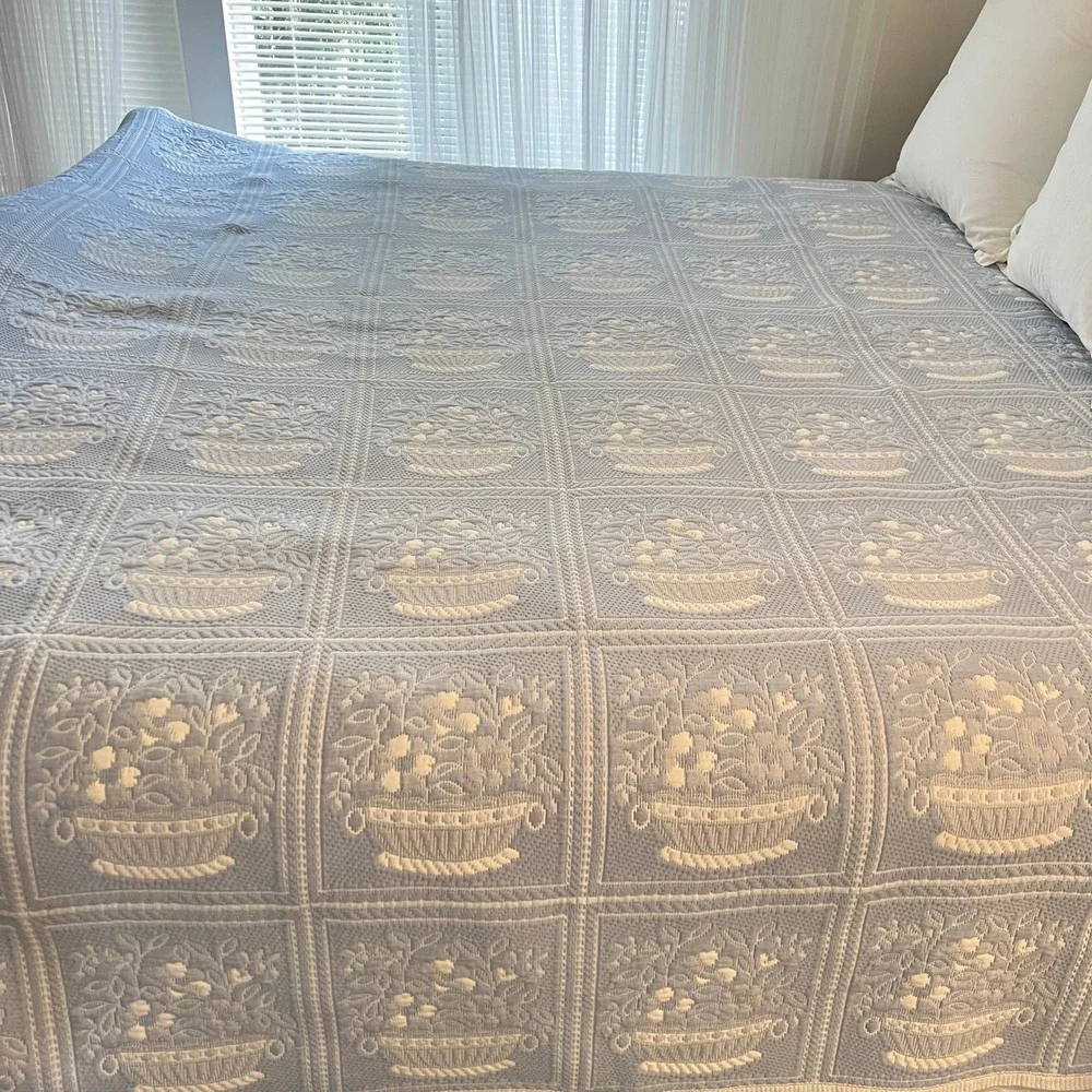 Vtg. Revert Spain Blue White Basket Matelassé Bedspread Queen Coverlet 104x90